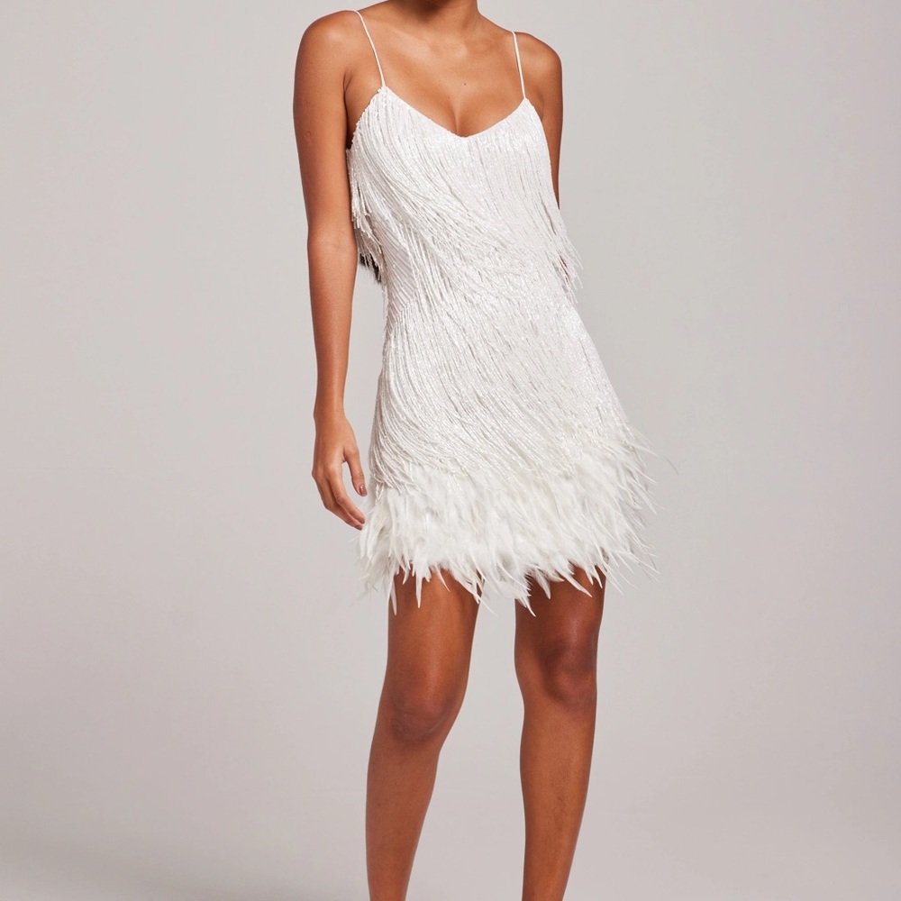NADINE MERABI Lottie dress, Beading, White Feather Mini